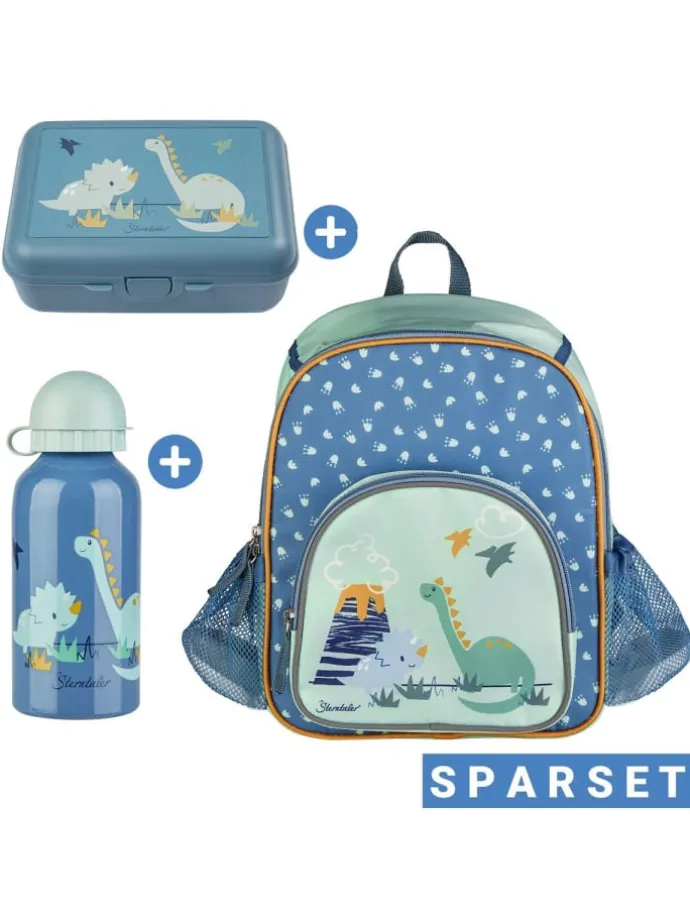 3er Set Rucksack, Brotdose & Trinkflasch in blau,gruen,motiv