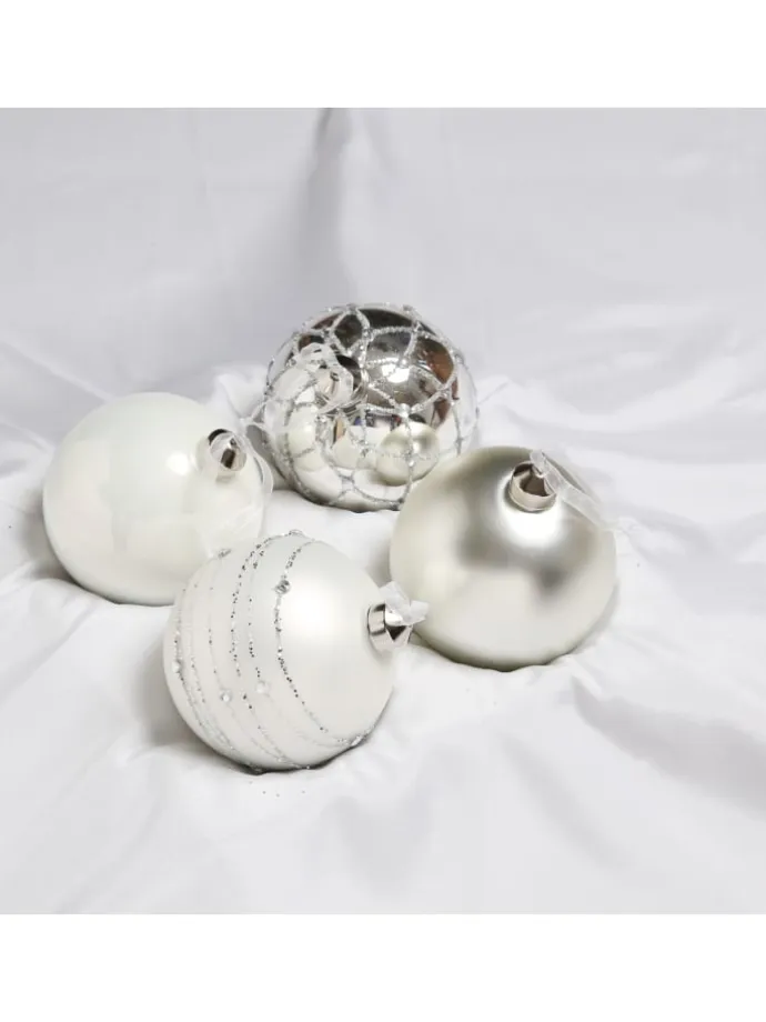 4er Set Weihnachtskugeln Glas D: 10cm in silber, weiß