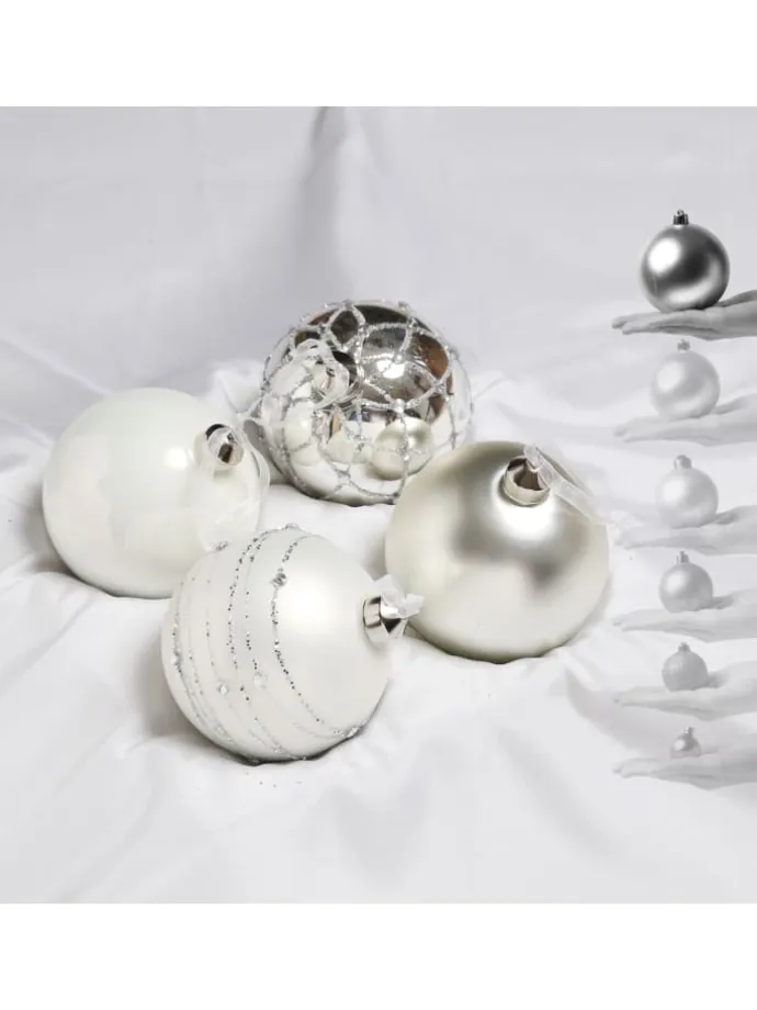 4er Set Weihnachtskugeln Glas D: 10cm in silber, weiß
