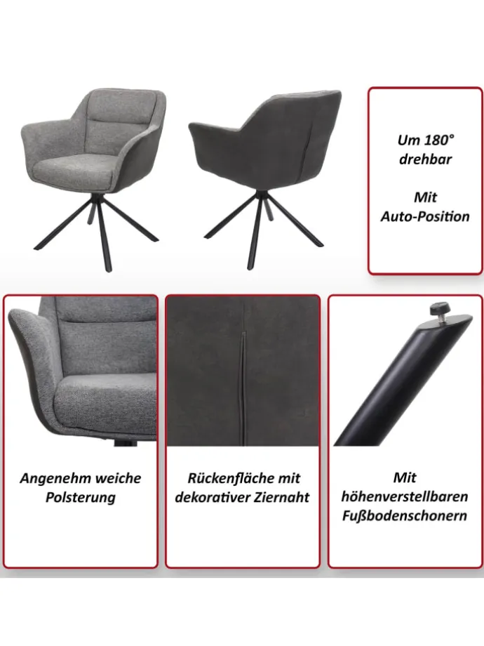 6er-Set Esszimmerstuhl K33 drehbar, Kord-grau