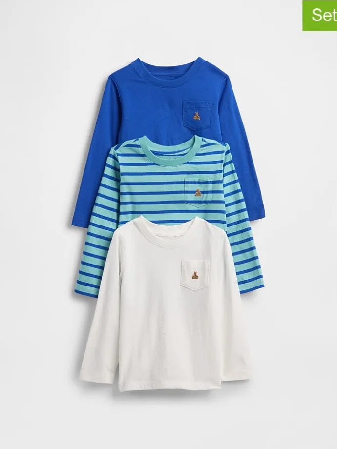 3er-Set: Longsleeves in Blau/ Hellblau/ Weiß