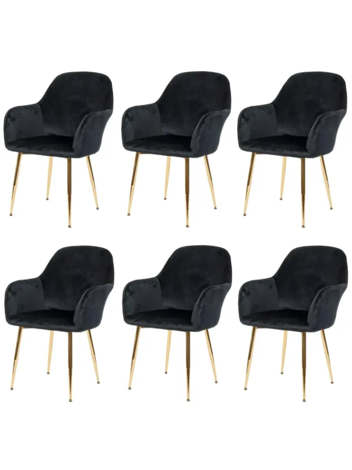 6er-Set Retro Esszimmerstuhl F18, Samt schwarz, goldene Beine
