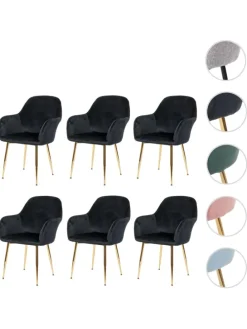 6er-Set Retro Esszimmerstuhl F18, Samt schwarz, goldene Beine