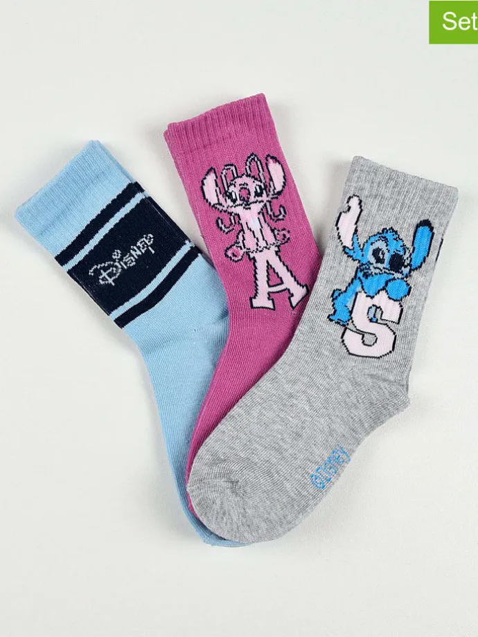 3er-Set: Socken "Lilo & Stitch" in Grau/ Lila/ Hellblau