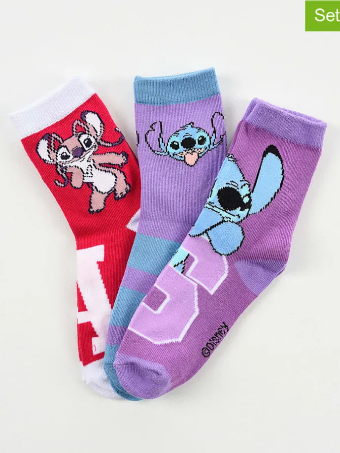 3er-Set: Socken "Lilo & Stitch" in Rot/ Lila/ Blau