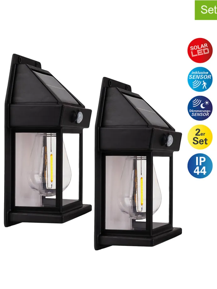 2er-Set Solar-Wandleuchte "Mira" in Schwarz - (B)12 x (H)17 cm