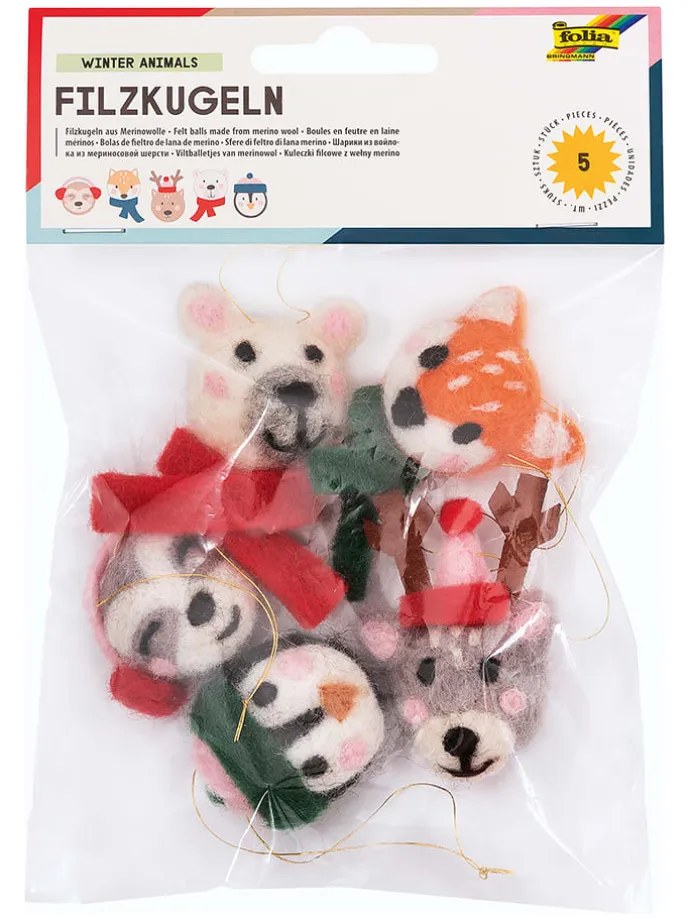Filzkugeln "Winter Animals" in Rot/ Grau - 5 Stück