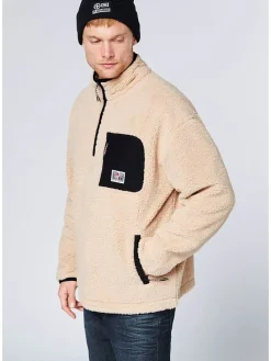 Fleecepullover in Beige/ Schwarz