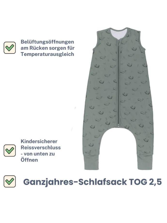 Ganzjahres-Schlafsack mit Füßen Exklusiv in Wal Grün