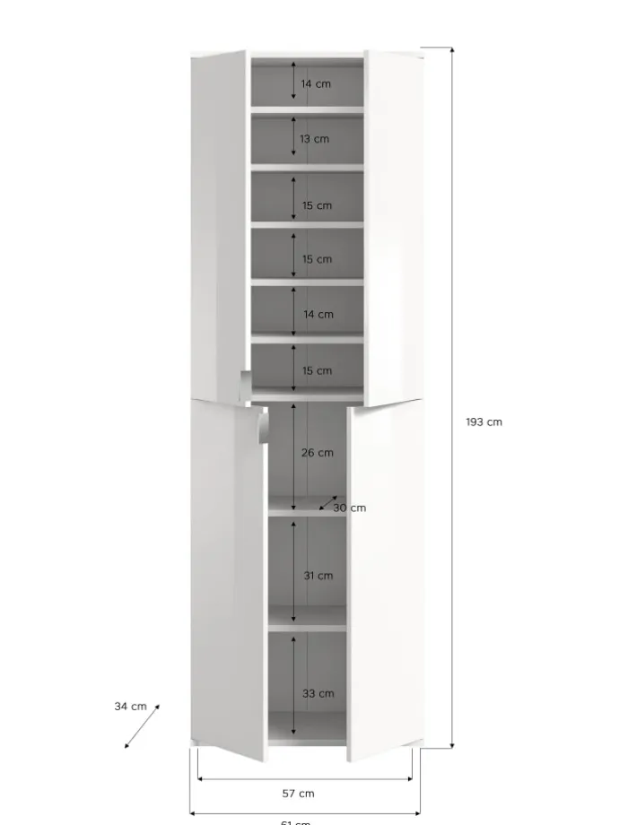 Garderobenkombination (B/H/T: 244x193x34 cm) in weiß und weiß Hochglanz