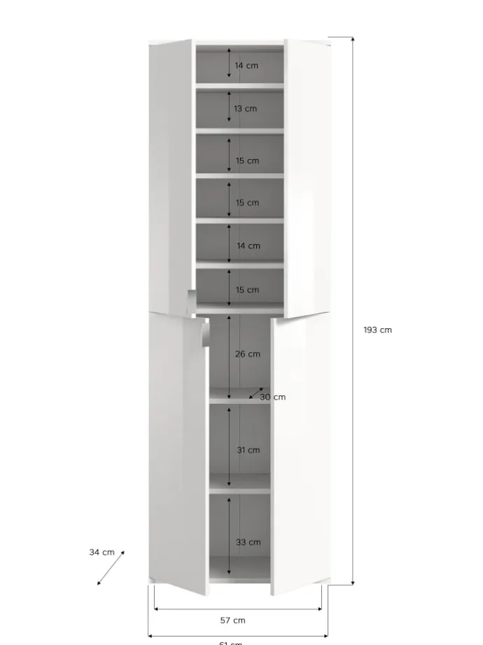 Garderobenkombination (B/H/T: 183x193x34 cm) in weiß und weiß Hochglanz