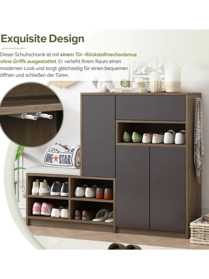 Garderobenset in Grau mit Sitzbank 4 Haken und Schubladen 100x180x35 cm