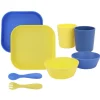 Geschirr- und Besteck-Set in gelb-blau