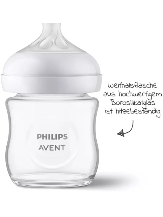 Glas-Flasche Natural Response 120ml + Silikon-Sauger in weiss
