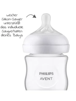 Glas-Flasche Natural Response 120ml + Silikon-Sauger in weiss