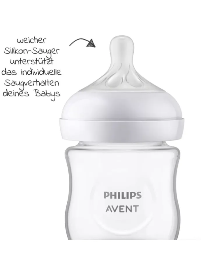 Glas-Flasche Natural Response 120ml + Silikon-Sauger in weiss