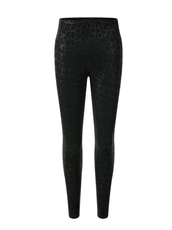 High-Rise Lederleggings mit breitem Bund in Schwarz Gemustert