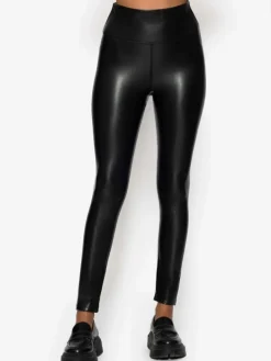 High-Rise Lederleggings mit breitem Bund in Schwarz