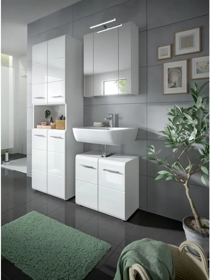 Hochschrank breit in Weiß/Weiß Hochglanz - (B) 60 x (H) 185 x (T) 30