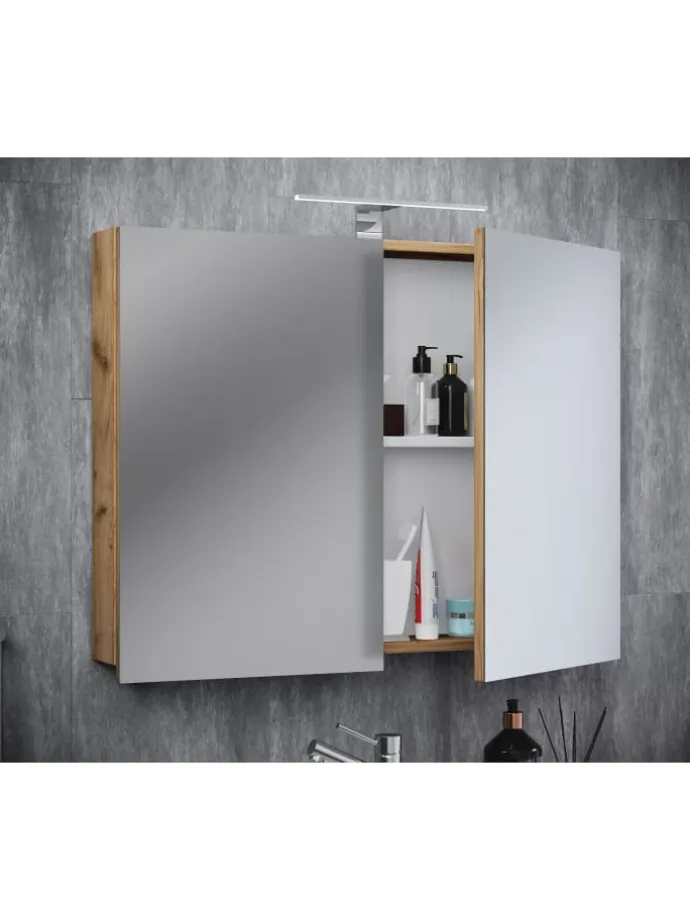 Holz Badmöbel Spiegelschrank Spiegel Badinos 80 cm in Honig-Eiche