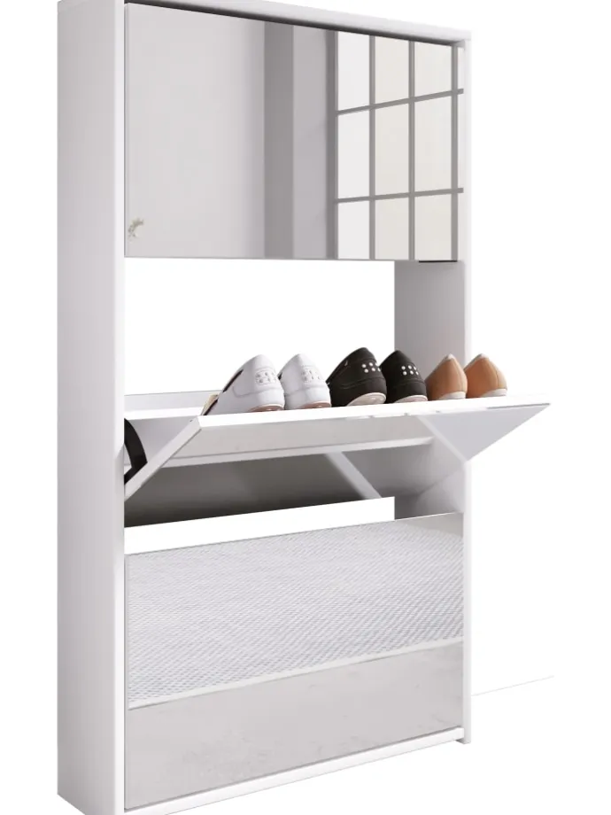 Holz Schuhschrank Schuhkipper Spiegel Stido XL in Weiß