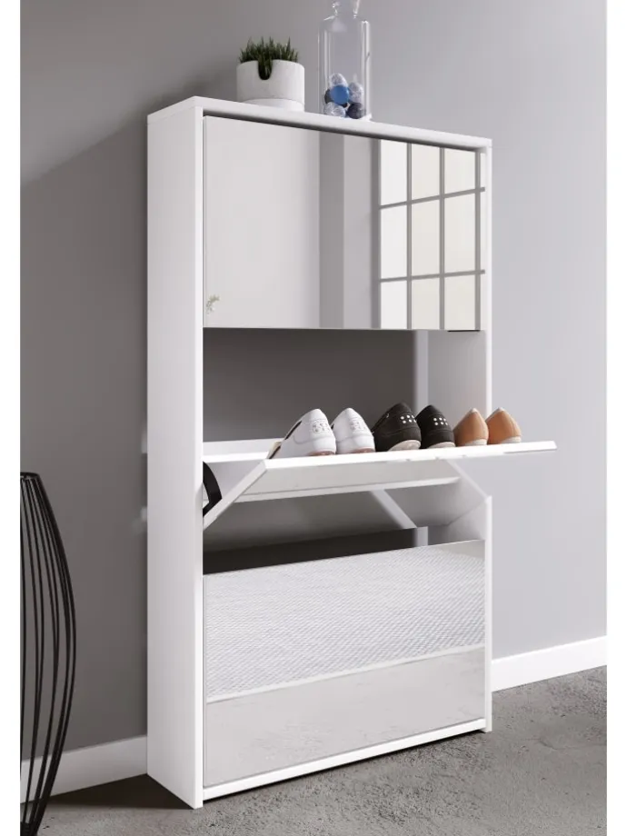 Holz Schuhschrank Schuhkipper Spiegel Stido XL in Weiß
