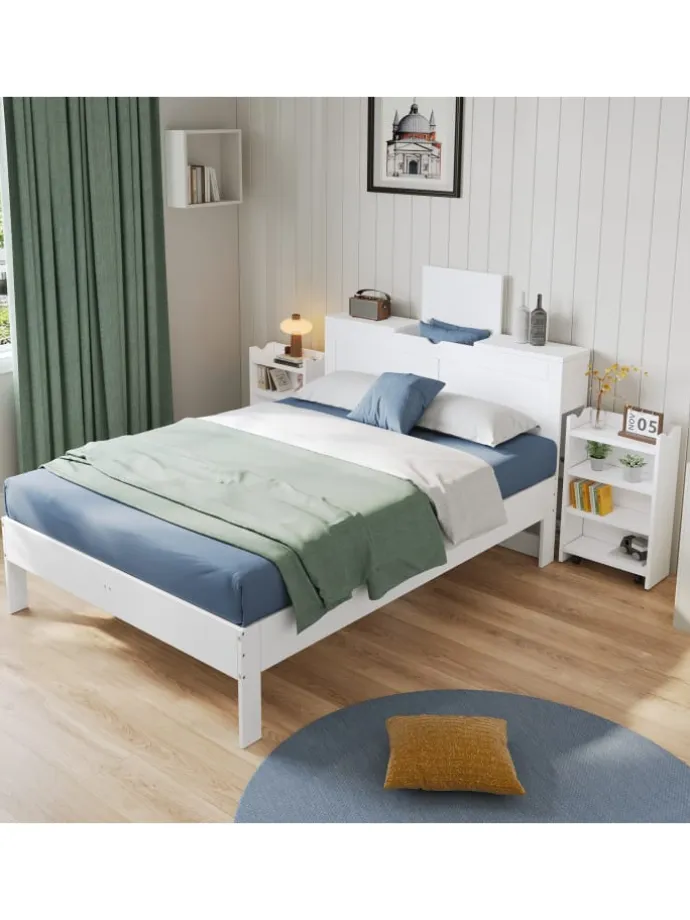 Holzbett Doppelbett mit Lattenrost und Nachttischen 140x200cm in Weiß