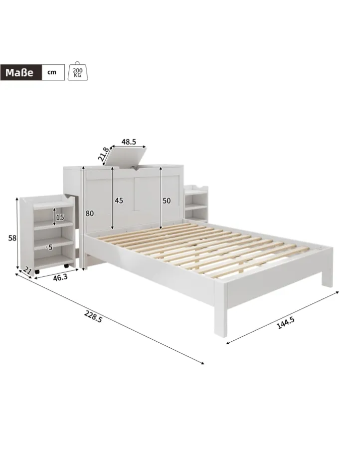 Holzbett Doppelbett mit Lattenrost und Nachttischen 140x200cm in Weiß