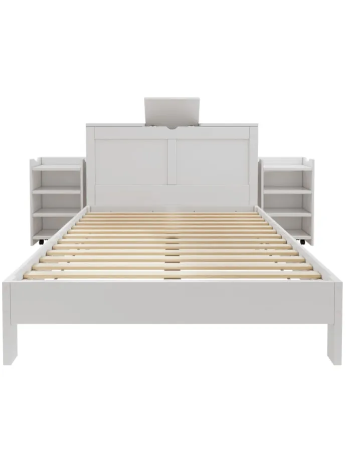Holzbett Doppelbett mit Lattenrost und Nachttischen 140x200cm in Weiß
