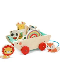 Holz-Ziehwagen mit 8 Tieren in bunt