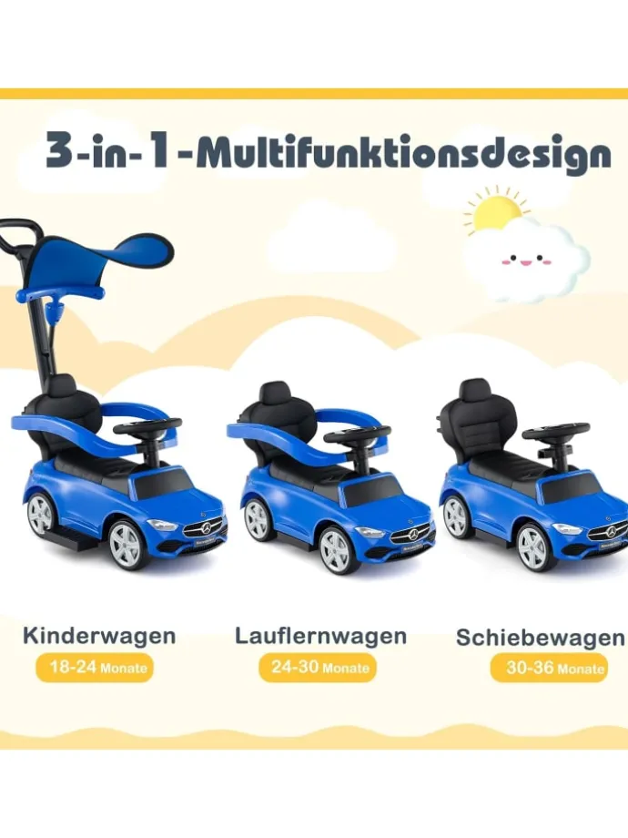 3-in-1 Rutschfahrzeug mit Schiebegriff in Blau