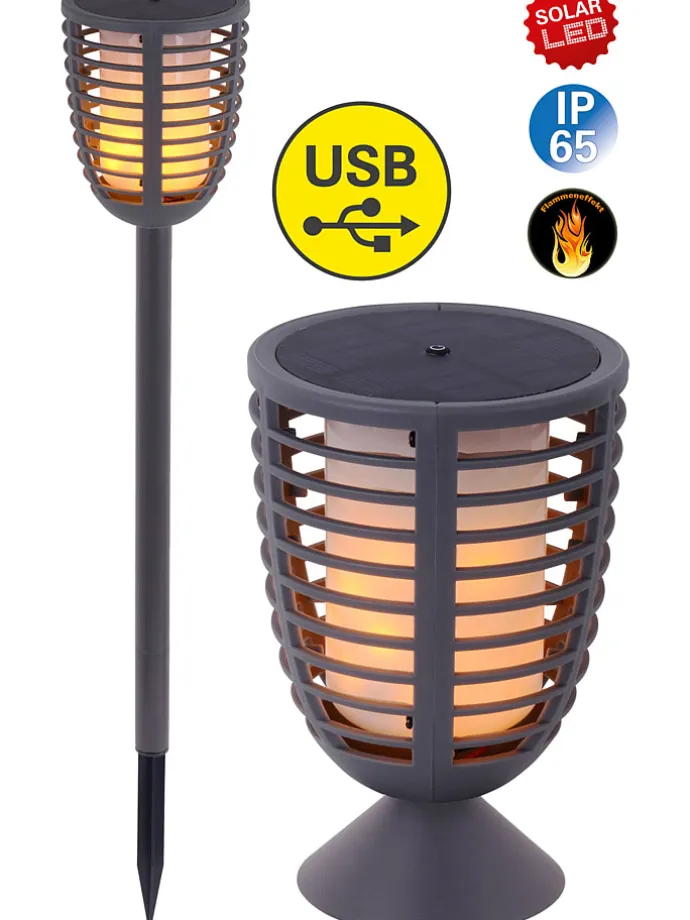 2in1-LED-Solar-Gartenstecker "Fackel" in Grau