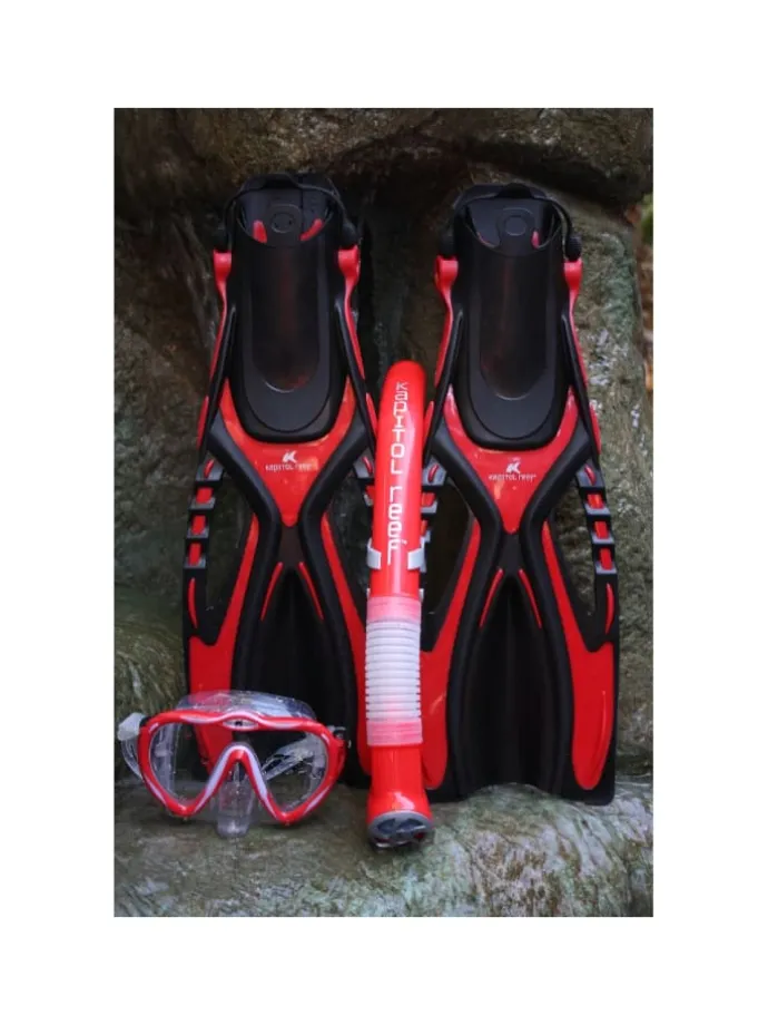 Kapitol Reef 3-teiliges Taucherset Flossen Maske Schnorchel Profiqualität rot