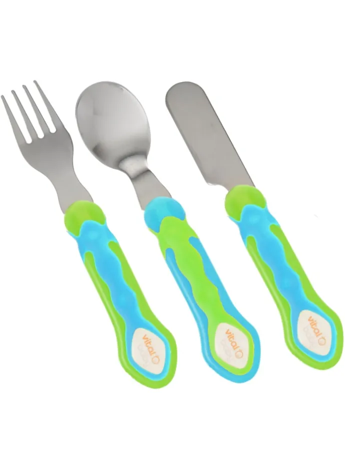 Kinder Besteckset 3-teilig - Messer, Gabel und Löffel Edelstahl blau/grün