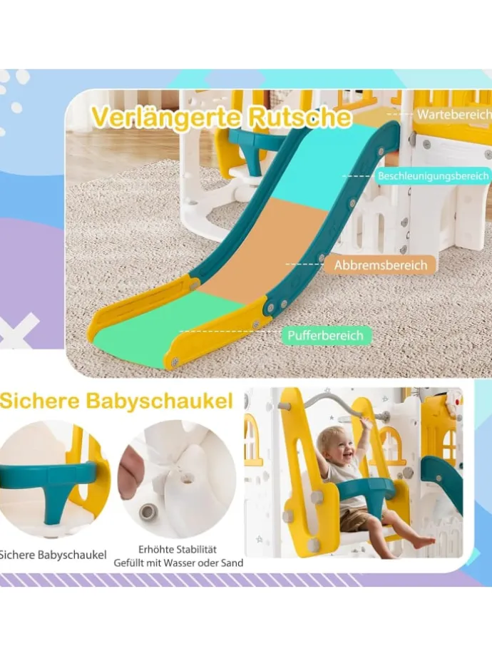 Kinder Rutsche mit Klettergerüst & Schaukel in Gelb