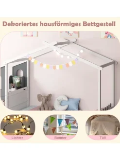 Kinderbett 90x200cm mit Dach & Schreibtisch in Weiß