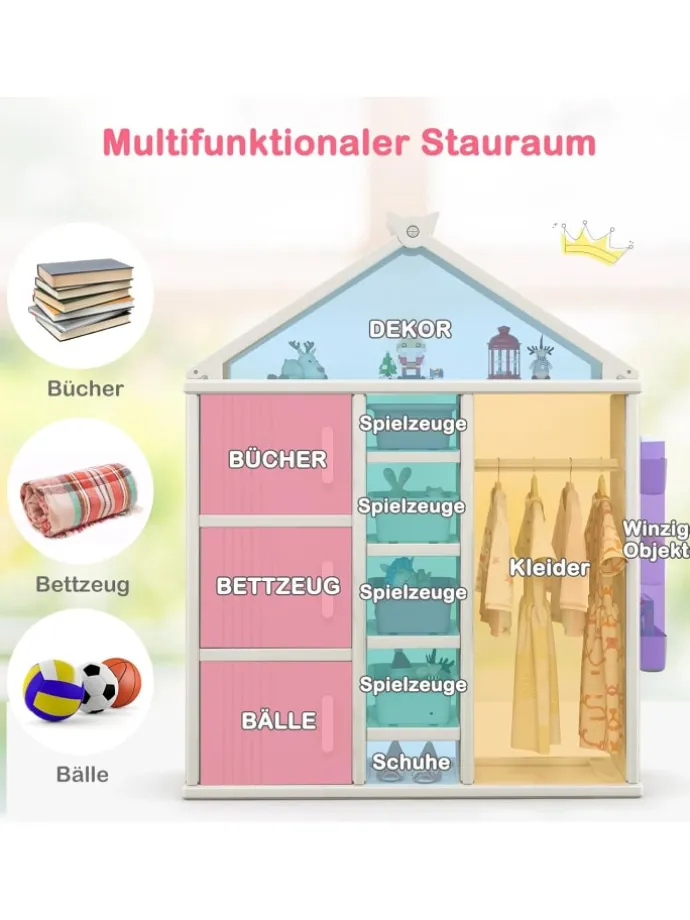 Kinderregal in Hausform mit Kleiderstange in Grau