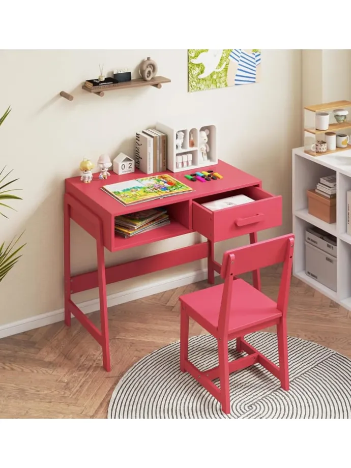 Kinderschreibtisch Set mit Stuhl aus Holz ab 3 Jahren in Rosa