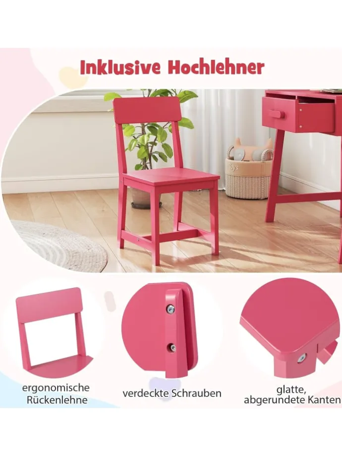 Kinderschreibtisch Set mit Stuhl aus Holz ab 3 Jahren in Rosa