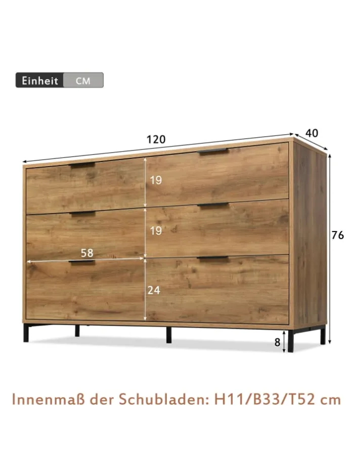 Kommode in Dunkleiche mit 6 Schubladen, 120x40x76 cm