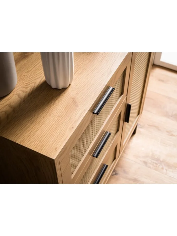 Kommode 80x82x36 cm Flurkommode Eiche-Dekor & Rattan, Sideboard mit