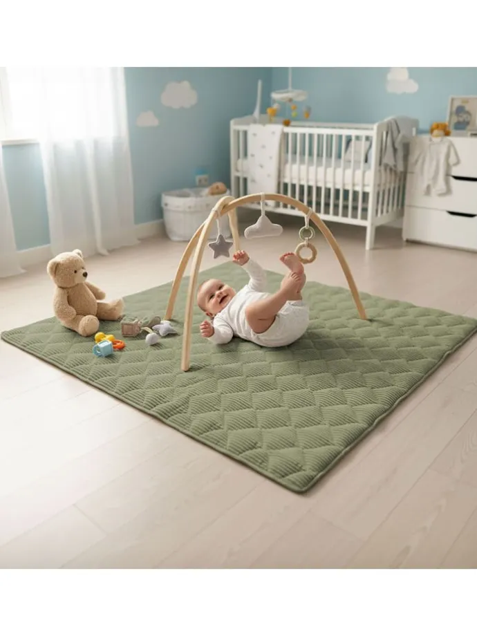Krabbeldecke Soft-Cord rutsch- & wasserfest Khaki Grün 120x120cm