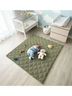 Krabbeldecke Soft-Cord rutsch- & wasserfest Khaki Grün 120x120cm