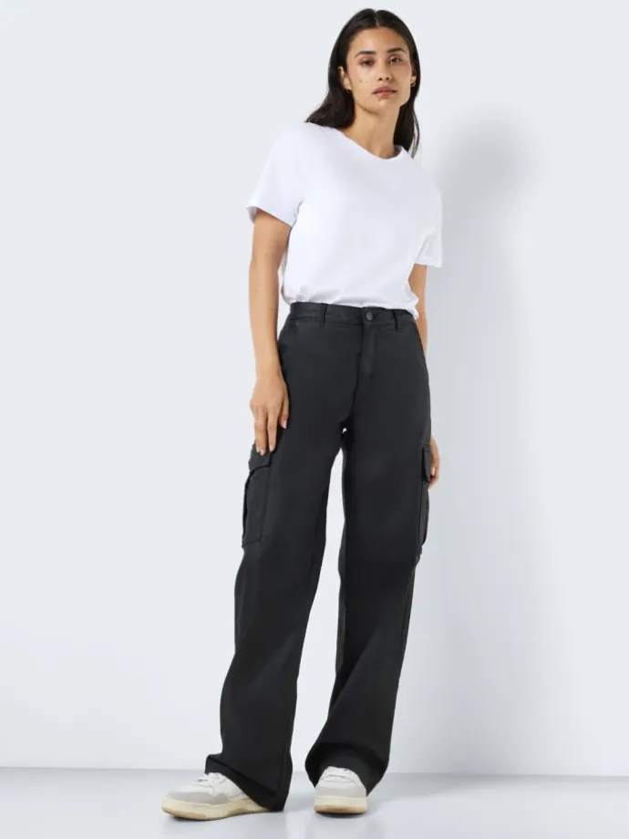 Kunstleder Cargo Hose Wide Leg Bootcut Pants PU Coated NMYOLANDA in Schwarz-2