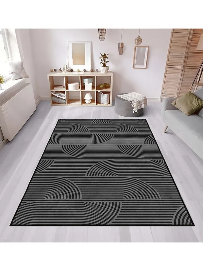 Kurzflor-Teppich in Grau/ Schwarz