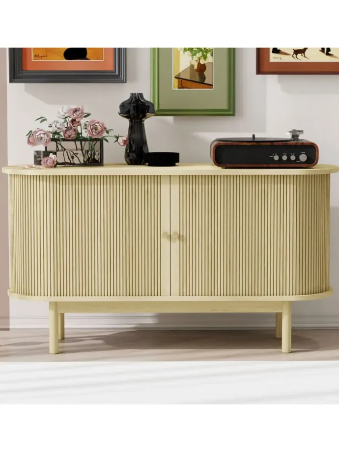 Lamellen Schrank Sideboard mit Schiebetüren und Kiefernholzbeinen in Naturholz