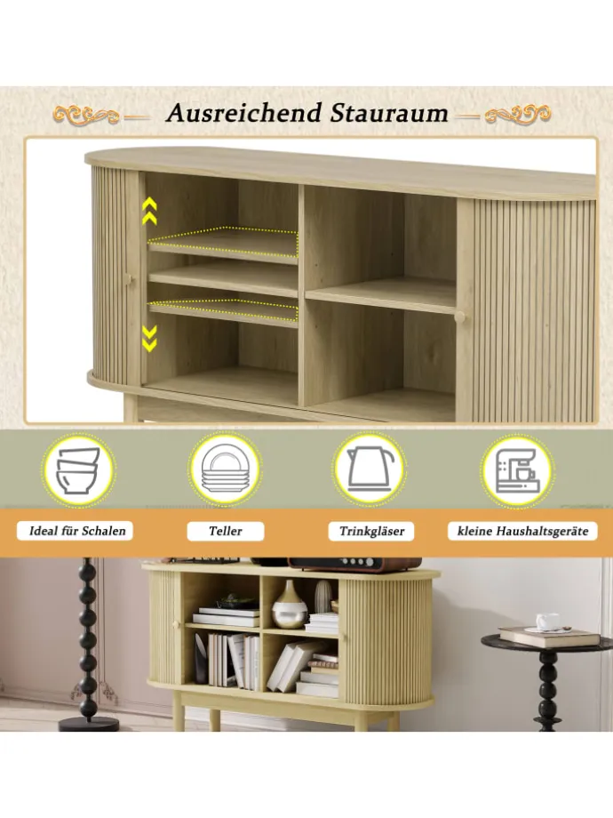 Lamellen Schrank Sideboard mit Schiebetüren und Kiefernholzbeinen in Naturholz