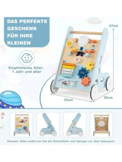 Lauflernwagen Holz Höhenverstellbar mit Aktivitätszentrum in Blau