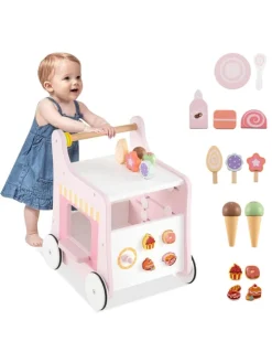 Lauflernwagen Holz Höhenverstellbar mit Aktivitätszentrum in Rosa
