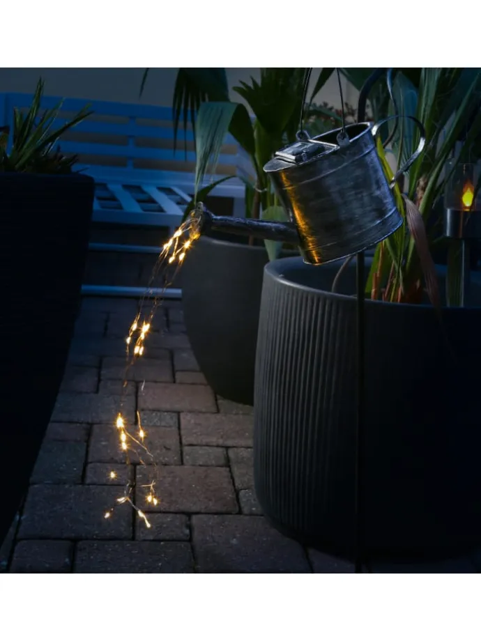 LED Solar Gießkanne mit Wasserfalleffekt H: 90cm in silber